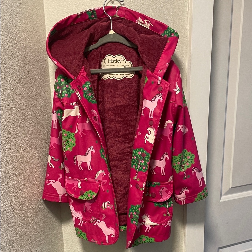 Hatley Hot Pink horse apple orchard Hooded Raincoat with